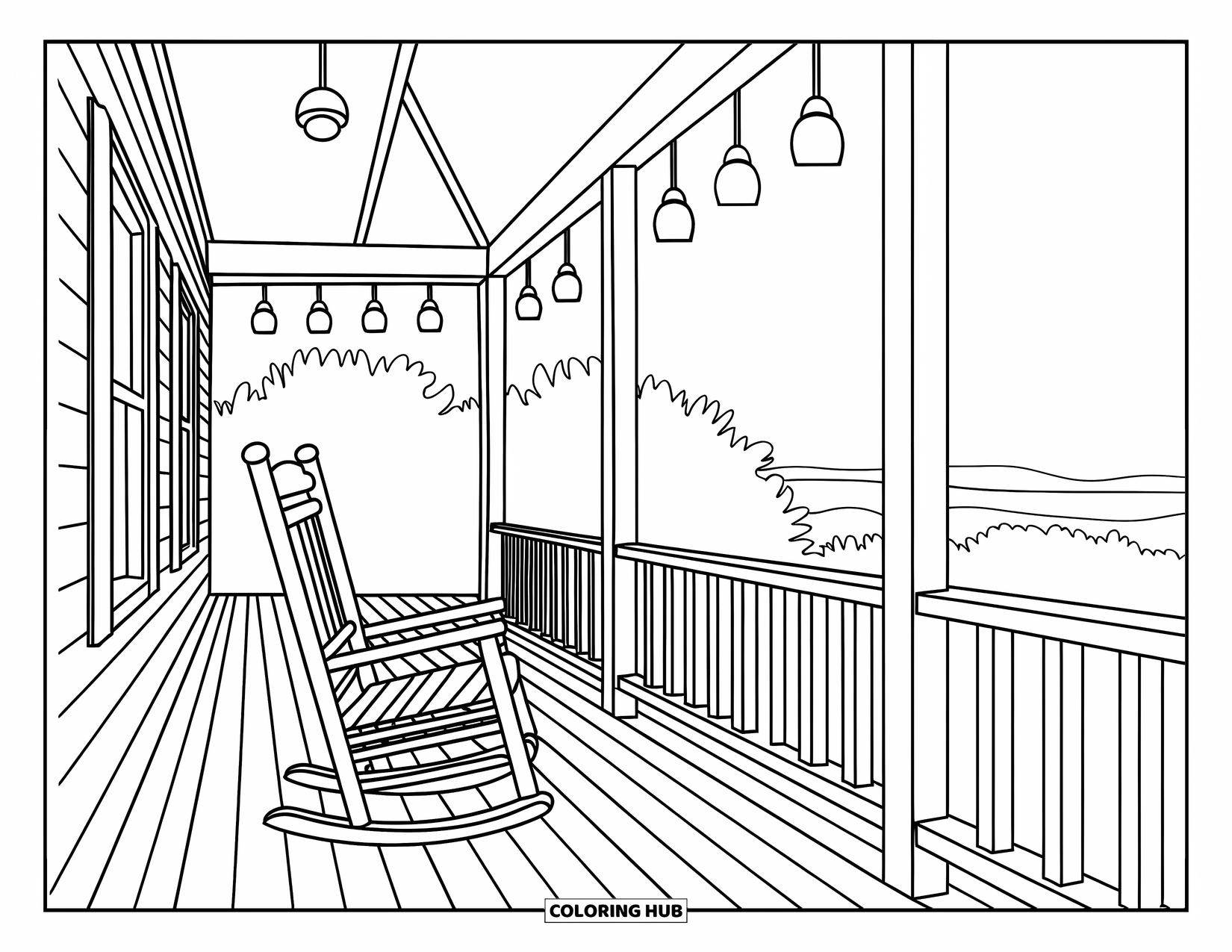 Desenho de pôr do sol para colorir para adultos: Uma varanda aconchegante com uma cadeira de balanço tem vista para árvores ao pôr do sol