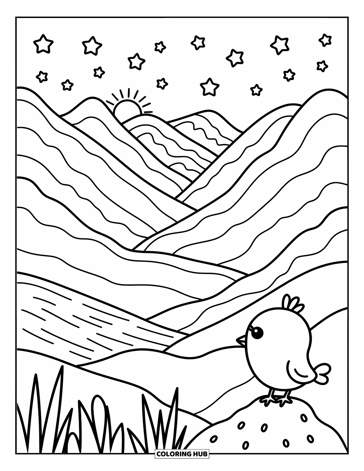 Desenho de pôr do sol para colorir para adultos: Um passarinho fofo observa estrelas cintilantes de uma cordilheira tranquila