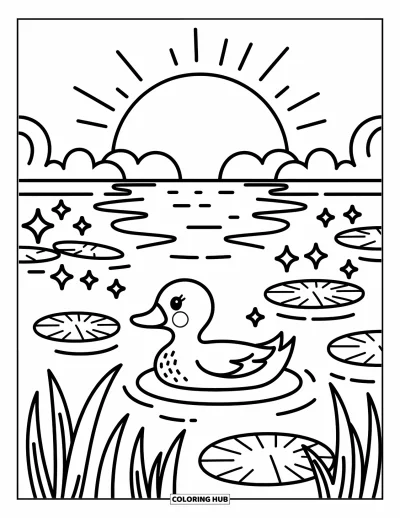 Coloriage de coucher de soleil pour adultes : Un canard glisse près des nénuphars tandis que le coucher de soleil se reflète sur le lac