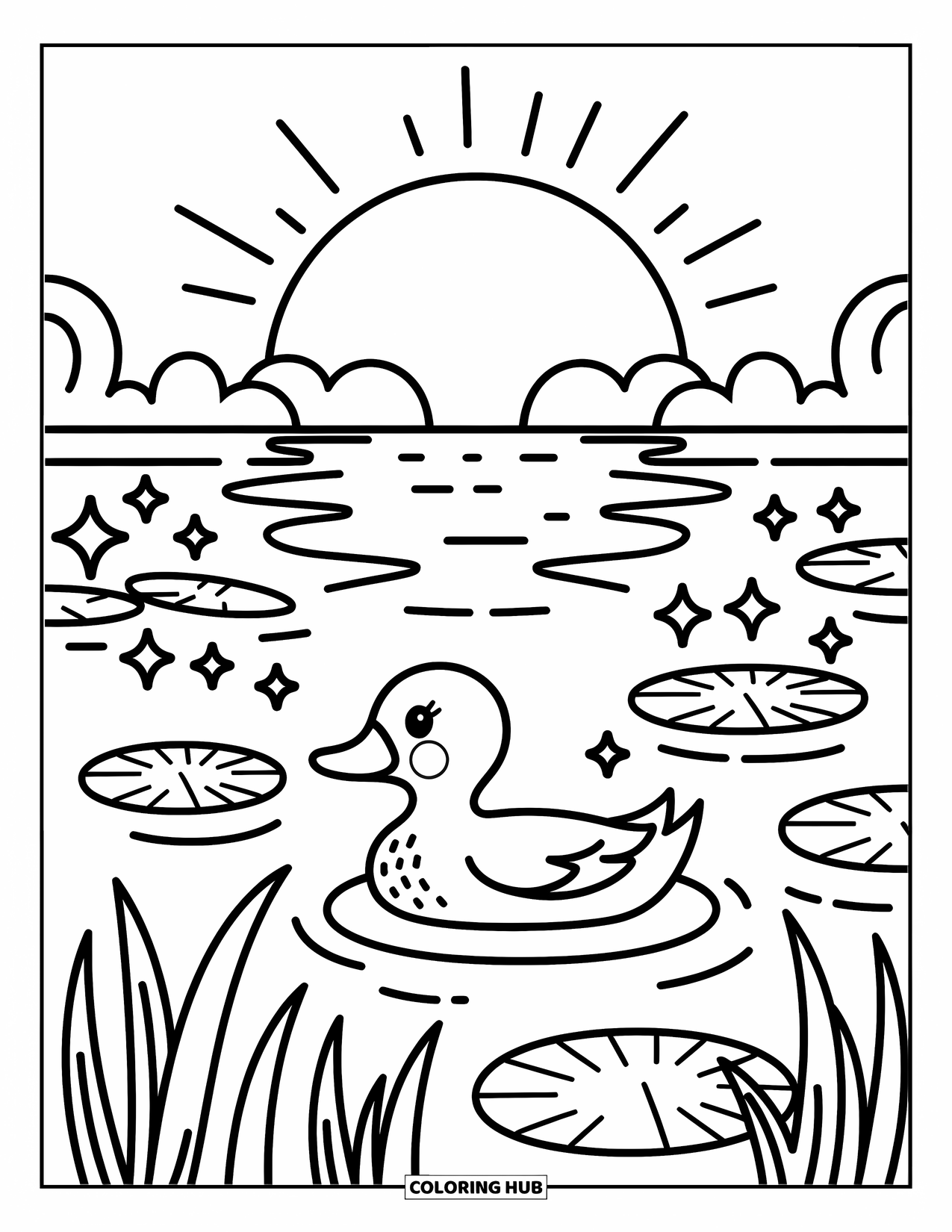 Desenho de pôr do sol para colorir para adultos: Um pato desliza perto de nenúfares enquanto o pôr do sol se reflete no lago