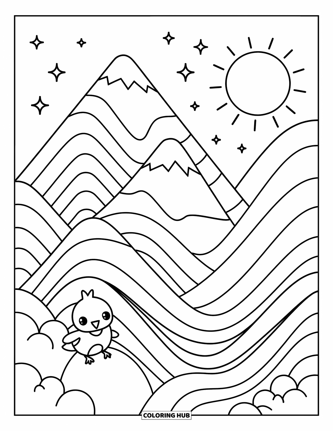 Desenho de pôr do sol para colorir para adultos: Um passarinho senta-se silenciosamente enquanto estrelas brilham acima dos picos das montanhas
