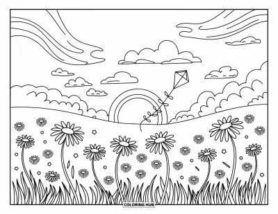 Coloriage de coucher de soleil pour adultes : Un cerf-volant solitaire repose dans une prairie de marguerites sous un ciel de coucher de soleil coloré
