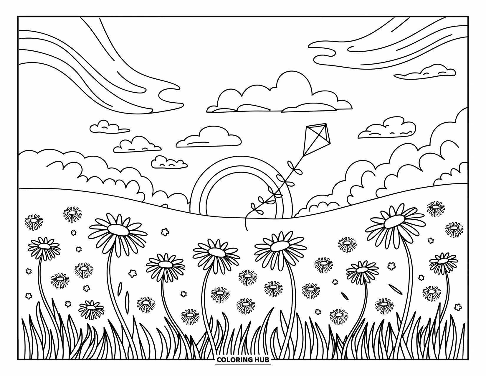 Desenho de pôr do sol para colorir para adultos: Uma pipa solitária descansa em um prado de margaridas sob um céu colorido de pôr do sol