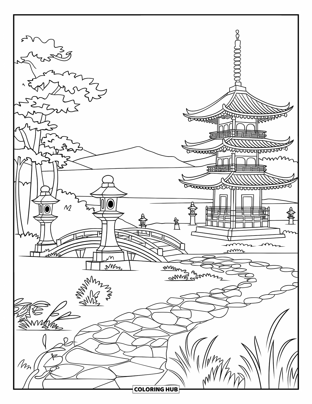Desenho de pôr do sol para colorir para adultos: Um pagode e lanternas descansam em um jardim japonês tranquilo ao pôr do sol