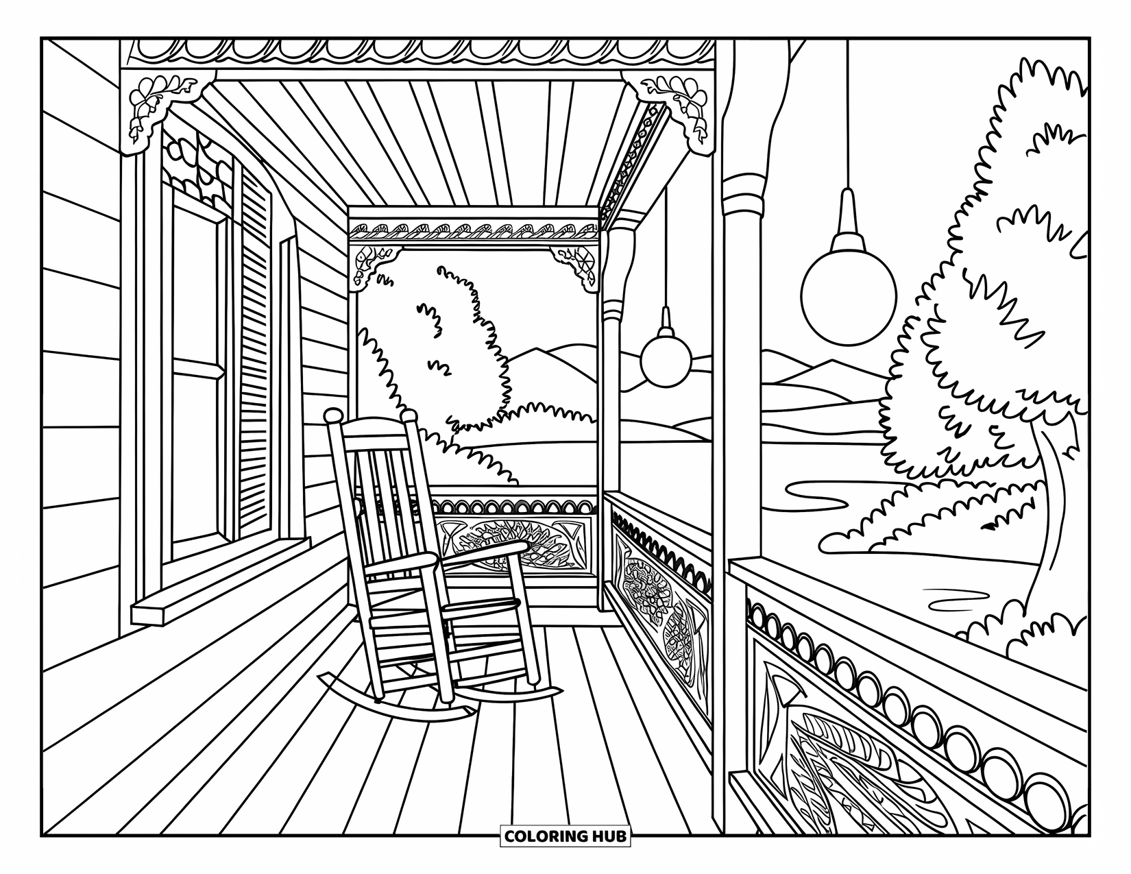 Desenho de pôr do sol para colorir para adultos: Uma varanda cercada por vegetação brilha com a luz quente do pôr do sol