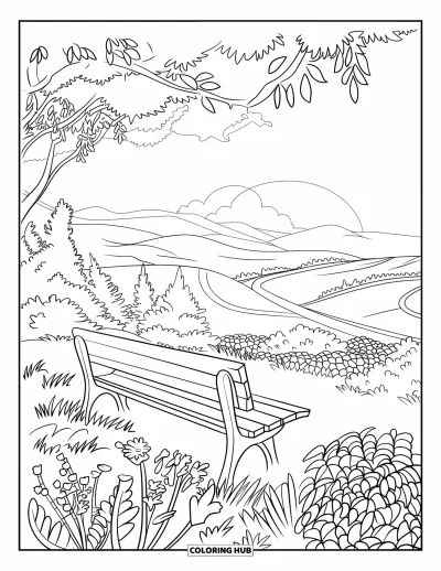 Coloriage de coucher de soleil pour adultes : Un banc tranquille fait face à des collines et à une ville lointaine au coucher du soleil
