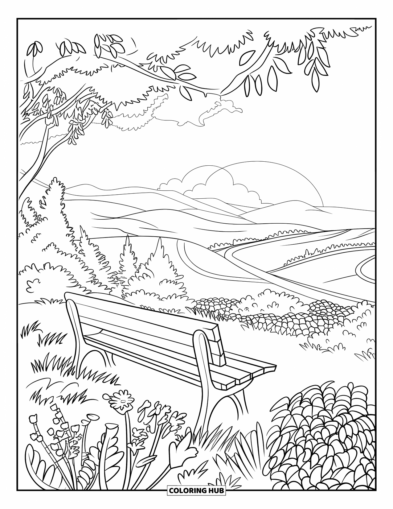 Desenho de pôr do sol para colorir para adultos: Um banco tranquilo enfrenta colinas e uma cidade distante ao pôr do sol
