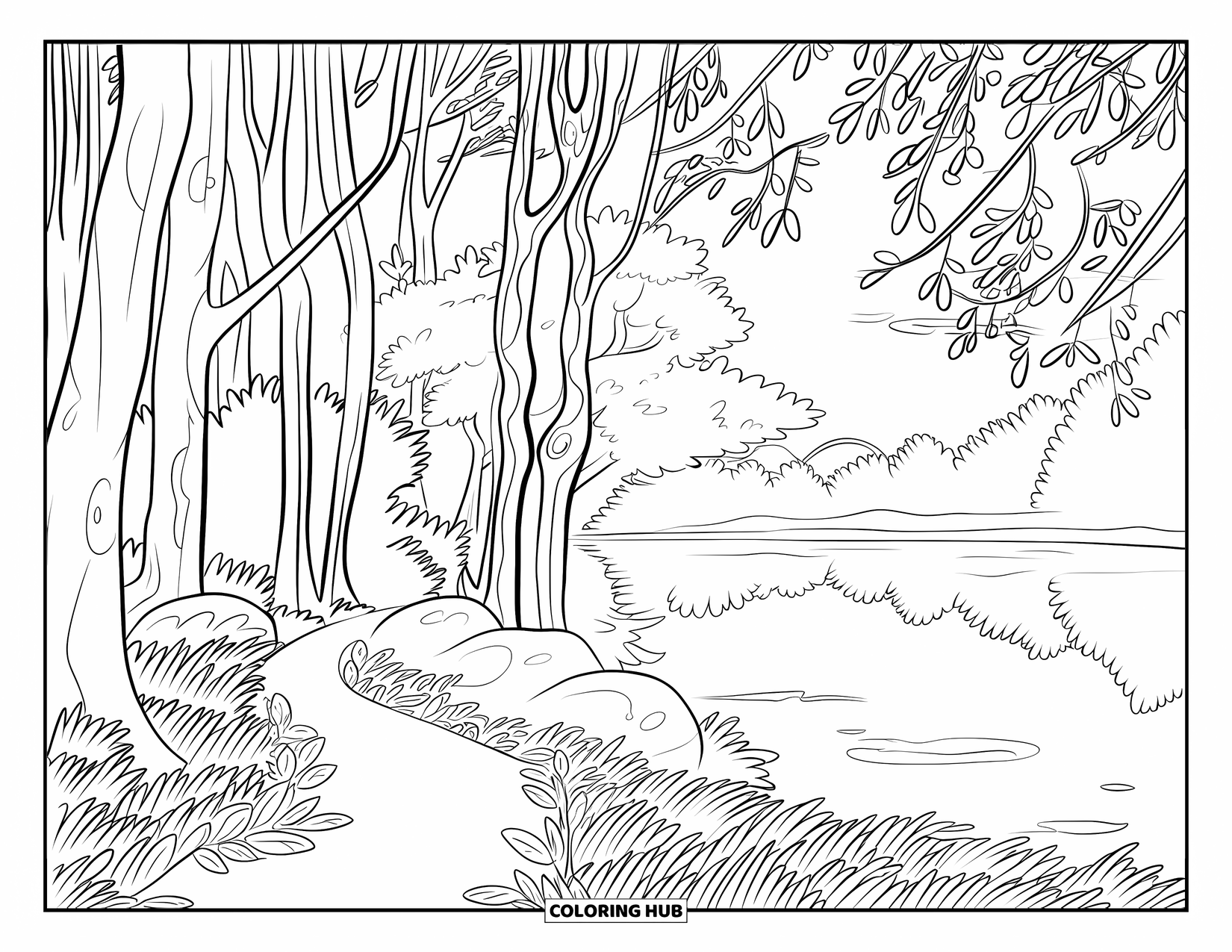Desenho de pôr do sol para colorir para adultos: Uma floresta tranquila brilha ao pôr do sol com folhas cobrindo o chão