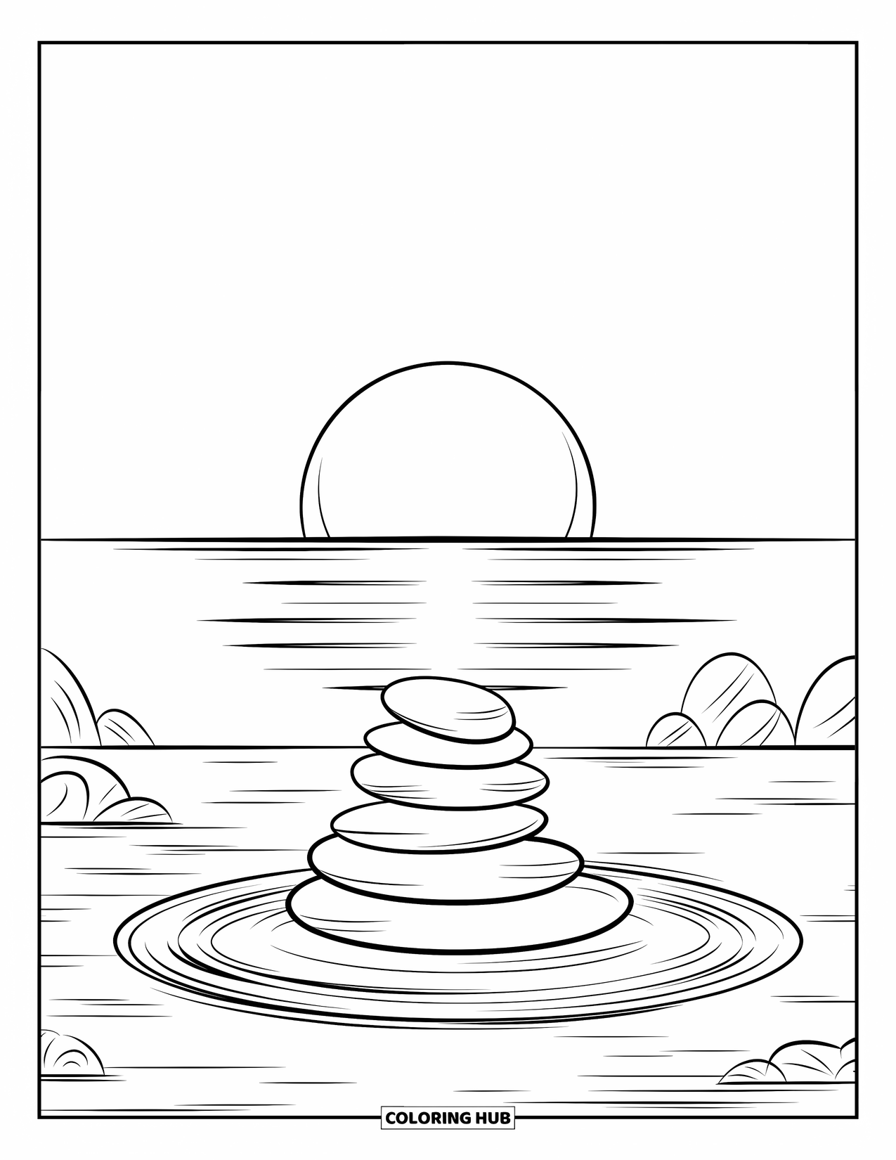 Desenho de pôr do sol para colorir para adultos: Uma cena oceânica tranquila com pedras empilhadas brilha enquanto o sol se põe