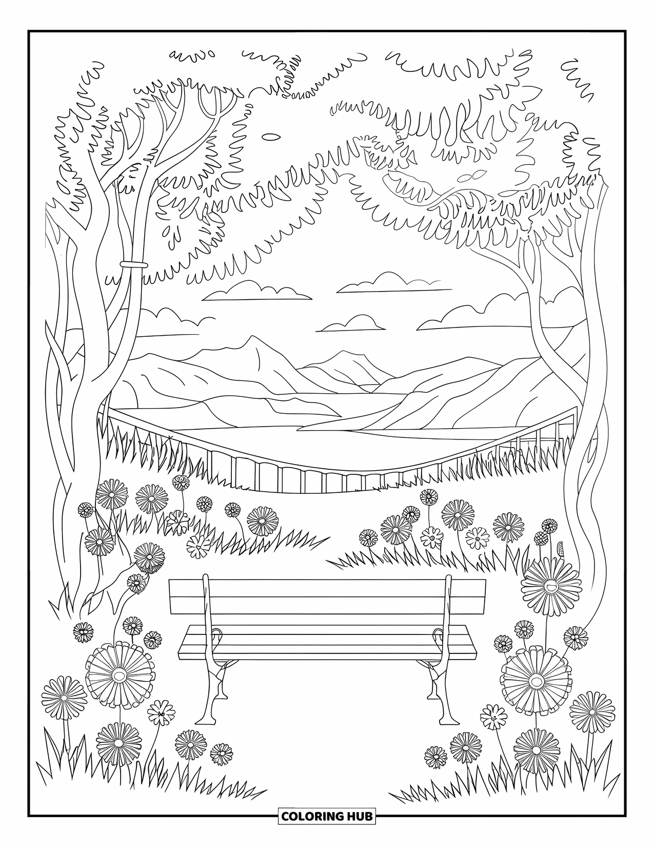 Desenho de pôr do sol para colorir para adultos: Um mirante panorâmico com um banco de madeira revela montanhas e uma ponte