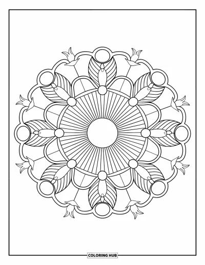 Coloriage de coucher de soleil pour adultes : Un mandala de coucher de soleil mélange des rayons de soleil avec des oiseaux en vol