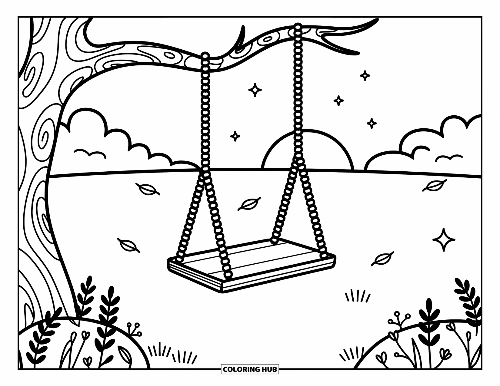 Desenho de pôr do sol para colorir para adultos: Um balanço está pendurado em uma árvore enquanto a luz do pôr do sol preenche um campo tranquilo