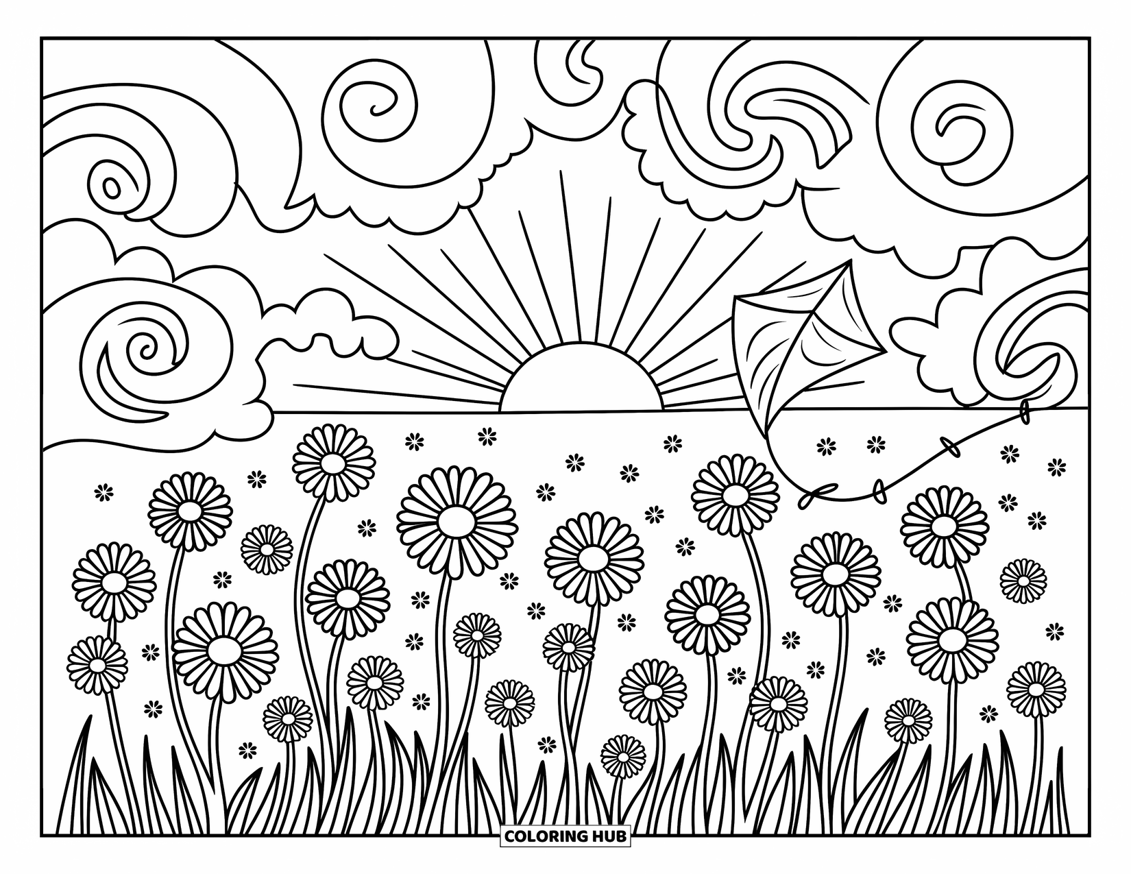 Desenho de pôr do sol para colorir para adultos: Uma pipa emaranhada flutua acima de um campo de margaridas arejado ao pôr do sol