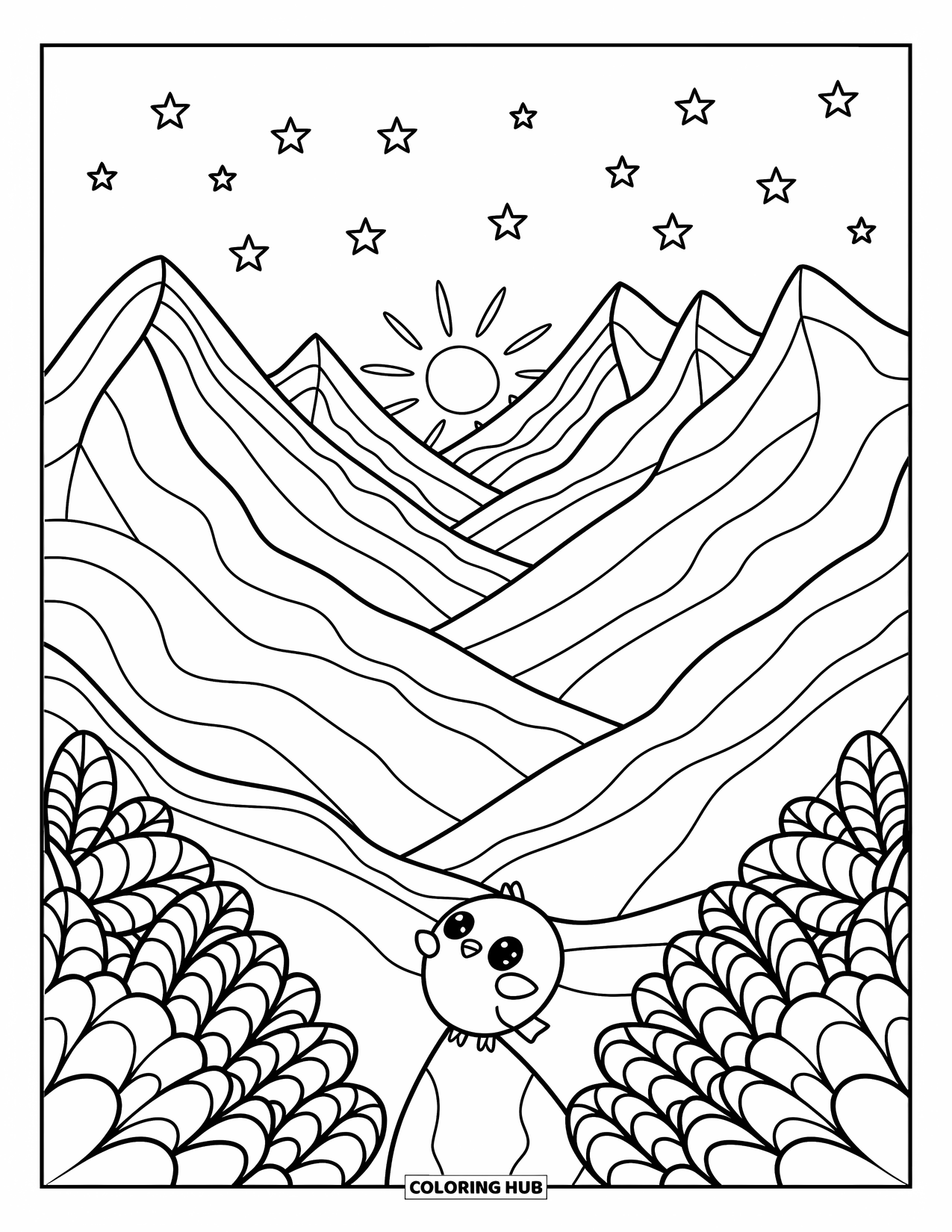 Desenho de pôr do sol para colorir para adultos: Um pequeno pássaro empoleira-se em uma rocha enquanto estrelas enchem o céu da montanha