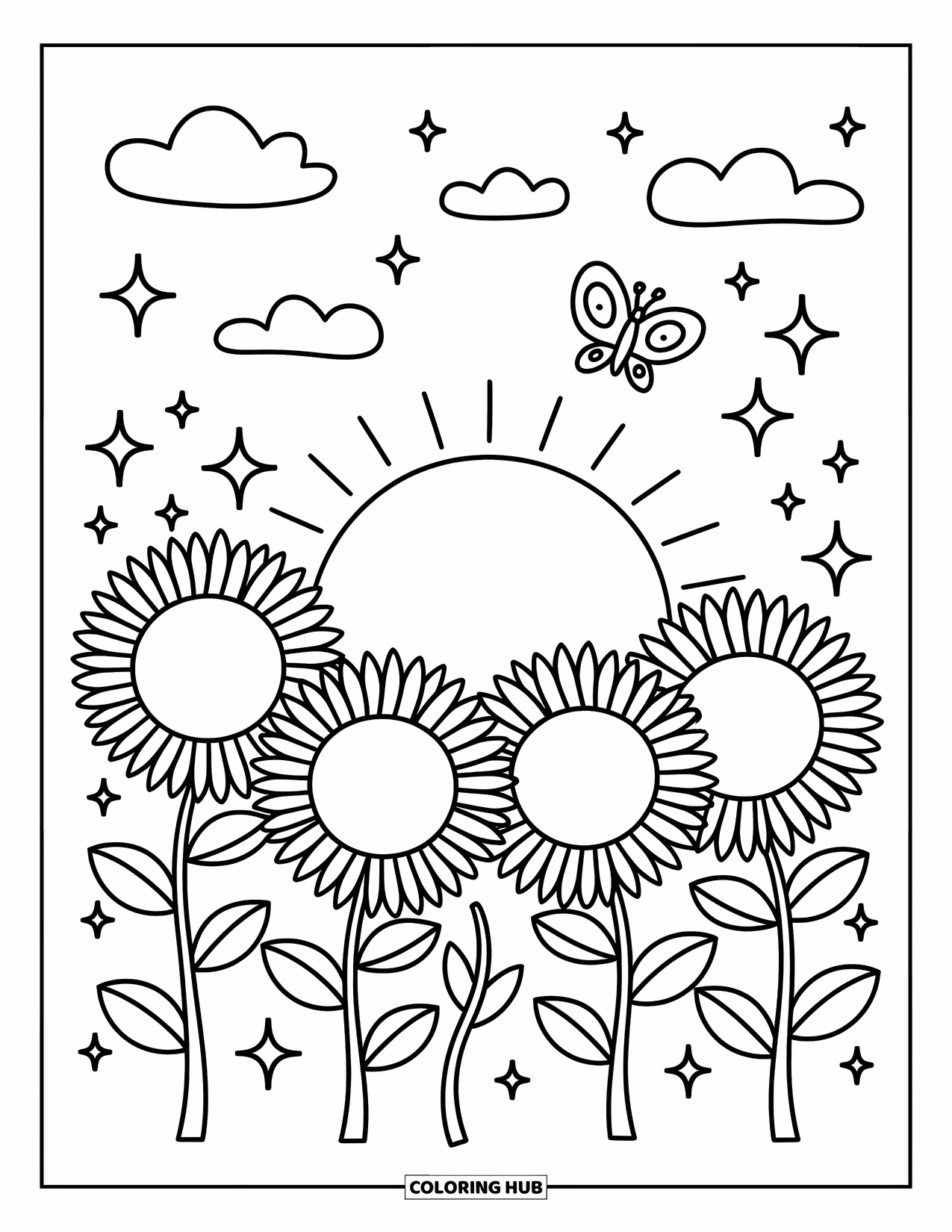 Desenho de pôr do sol para colorir para adultos: Uma pequena borboleta paira acima de girassóis enquanto o sol começa a se pôr