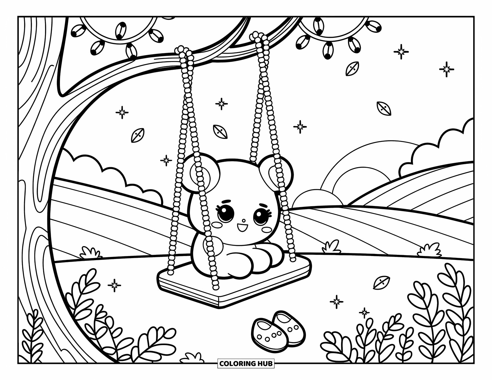 Desenho de pôr do sol para colorir para adultos: Um pequeno par de sapatos descansa sob um balanço na hora dourada