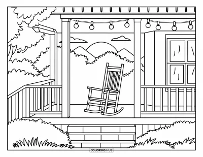 Coloriage de coucher de soleil pour adultes : Un porche en bois avec des lumières suspendues donne sur les arbres et les montagnes
