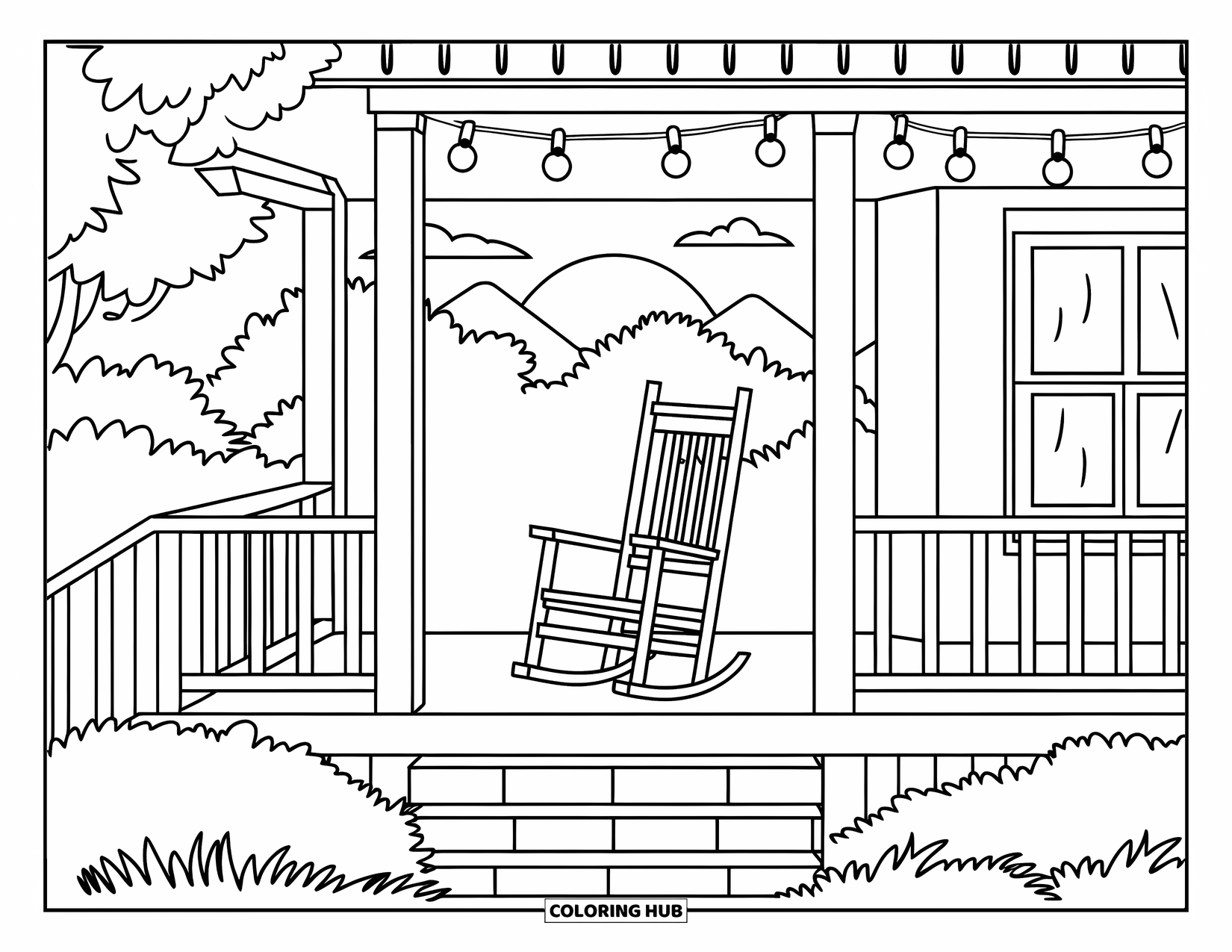 Desenho de pôr do sol para colorir para adultos: Uma varanda de madeira com luzes penduradas tem vista para árvores e montanhas