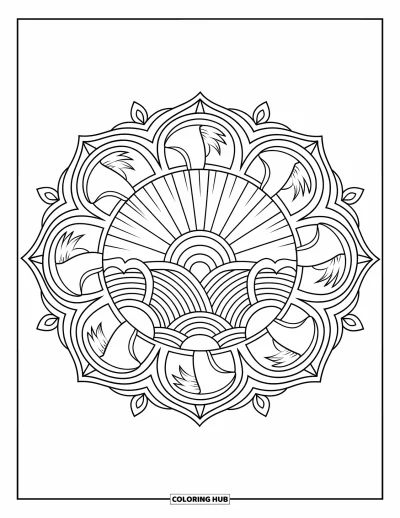 Coloriage de coucher de soleil pour adultes : Les oiseaux et les rayons se répètent dans un mandala paisible sur le thème du coucher de soleil