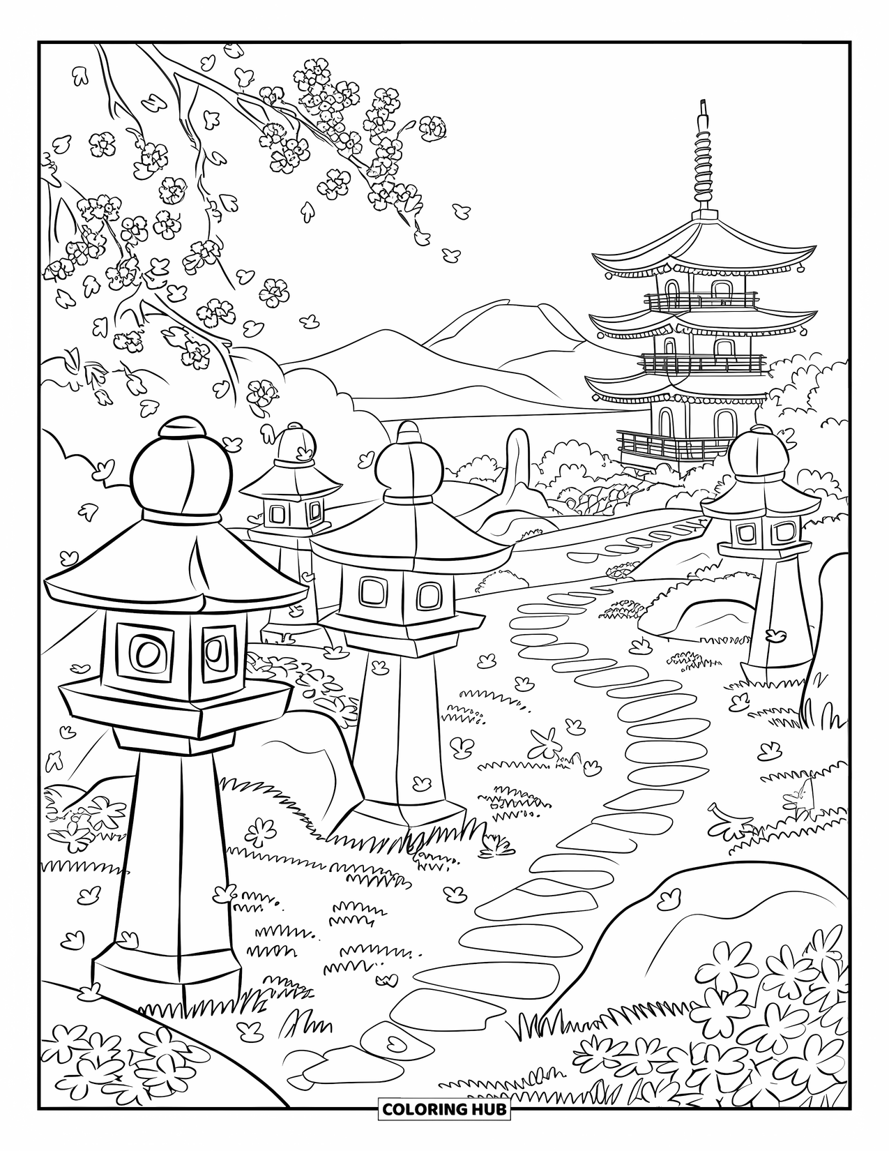 Desenho de pôr do sol para colorir para adultos: Flores de cerejeira flutuam ao redor de um caminho de pagode em um jardim tranquilo