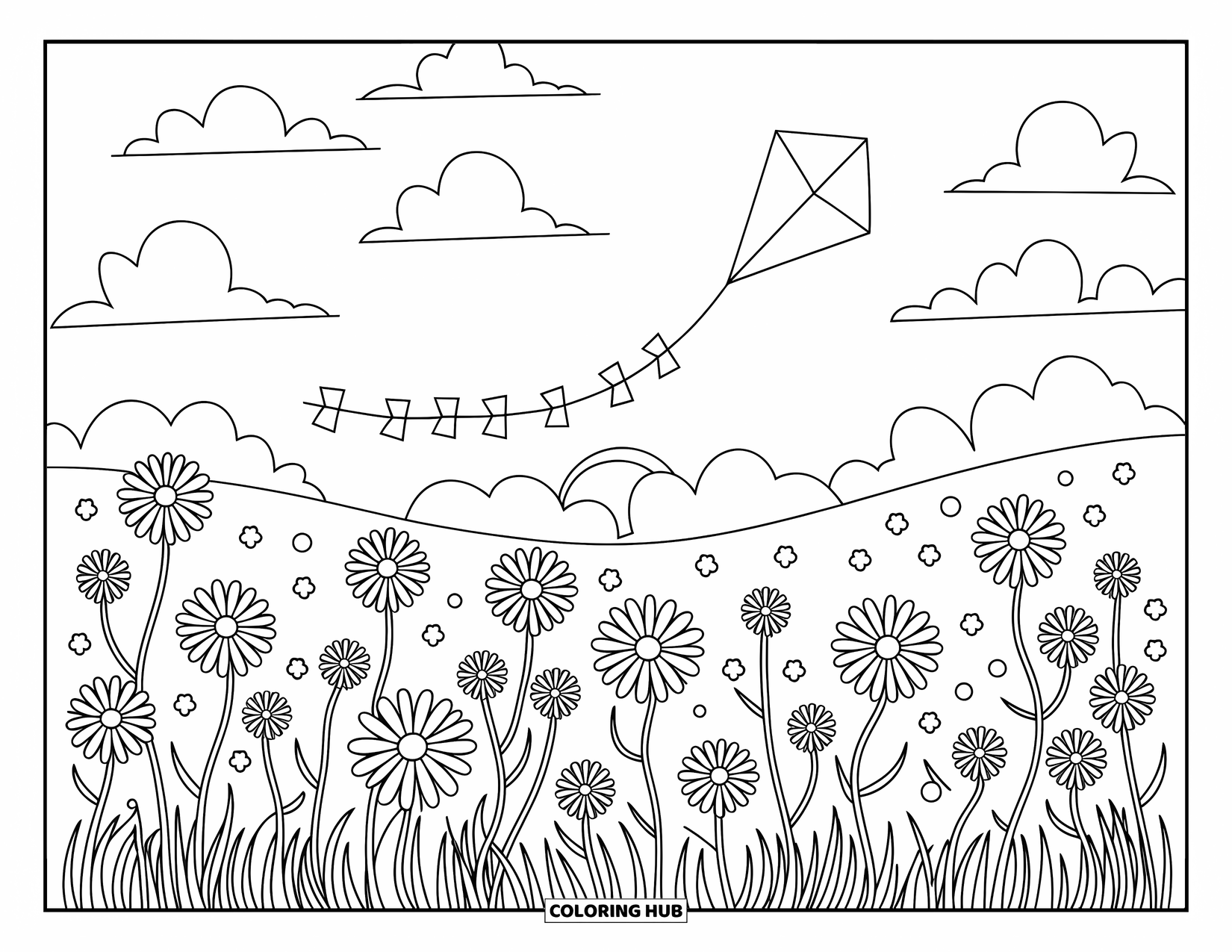 Desenho de pôr do sol para colorir para adultos: Margaridas dançam ao vento enquanto uma única pipa flutua perto de nuvens fofas