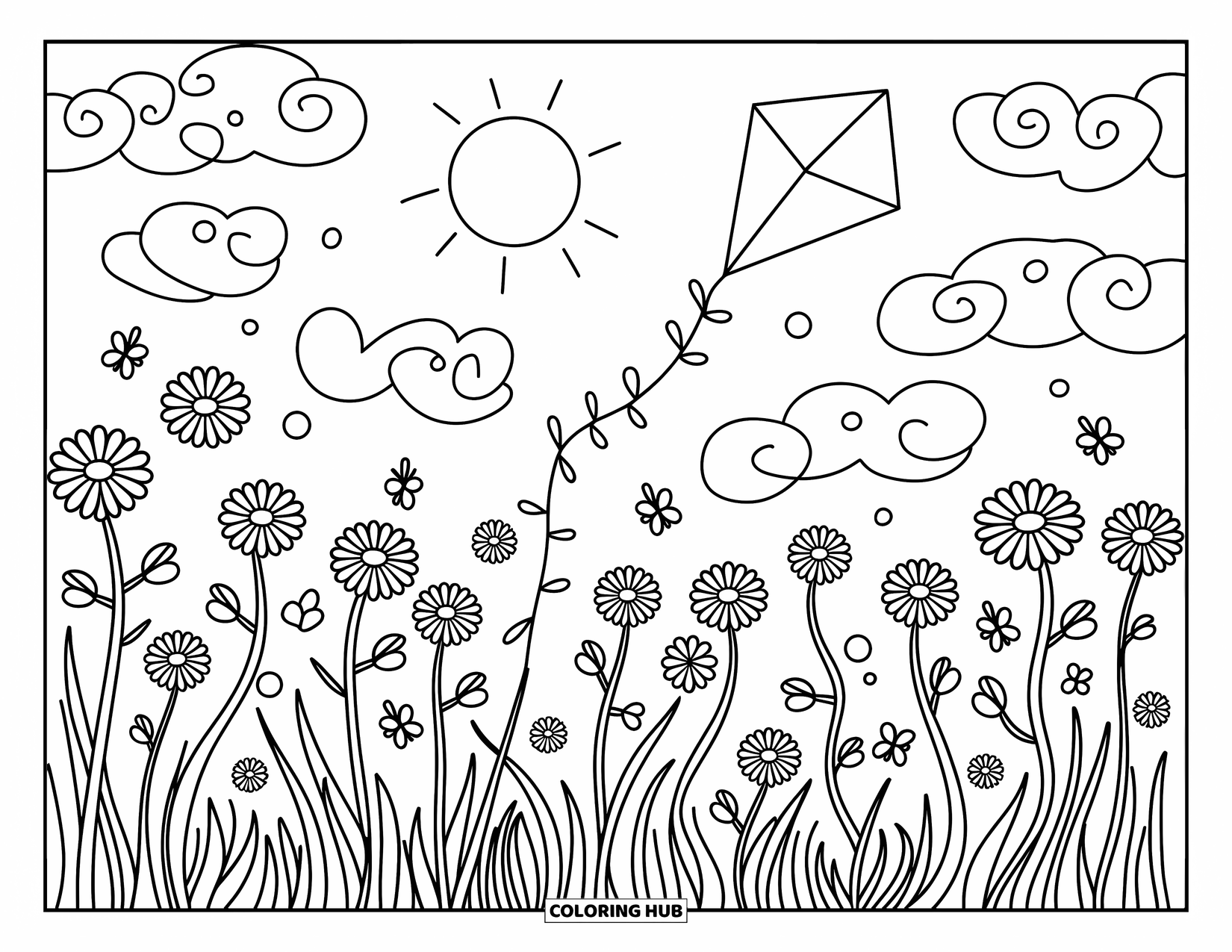 Desenho de pôr do sol para colorir para adultos: Margaridas balançam em um prado enquanto uma pipa flutua sob um pôr do sol brilhante