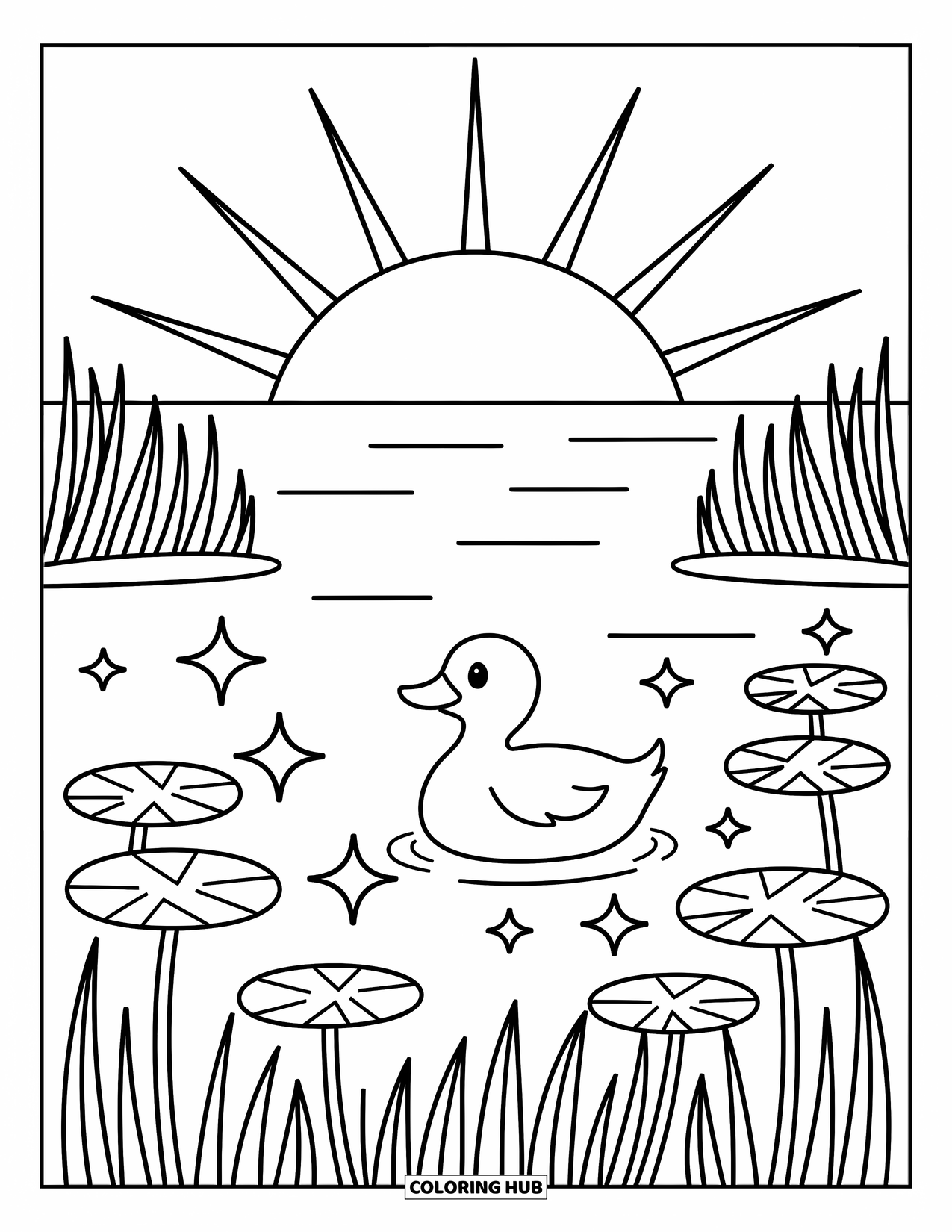 Desenho de pôr do sol para colorir para adultos: Brilhos suaves flutuam acima de nenúfares enquanto um pato nada ao pôr do sol