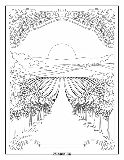 Coloriage de coucher de soleil pour adultes : Des vignes et des villes lointaines remplissent une scène de vignoble à motifs au crépuscule