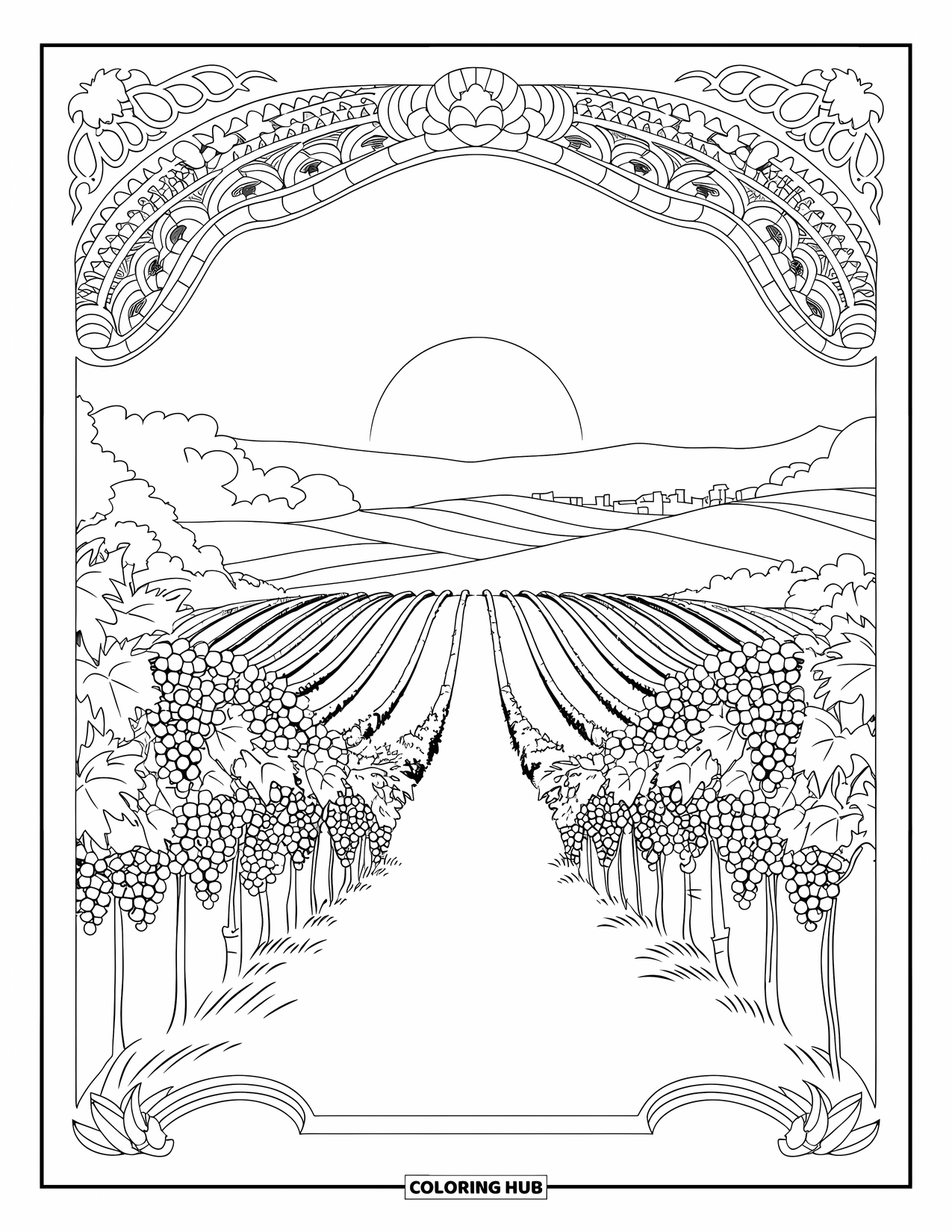 Desenho de pôr do sol para colorir para adultos: Vinhas e cidades distantes preenchem uma cena de vinhedo padronizada ao anoitecer