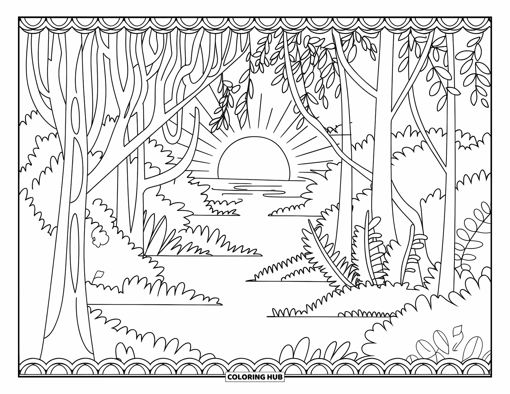 Desenho de pôr do sol para colorir para adultos: A luz filtra através de árvores altas em uma floresta tranquila enquanto o sol se põe