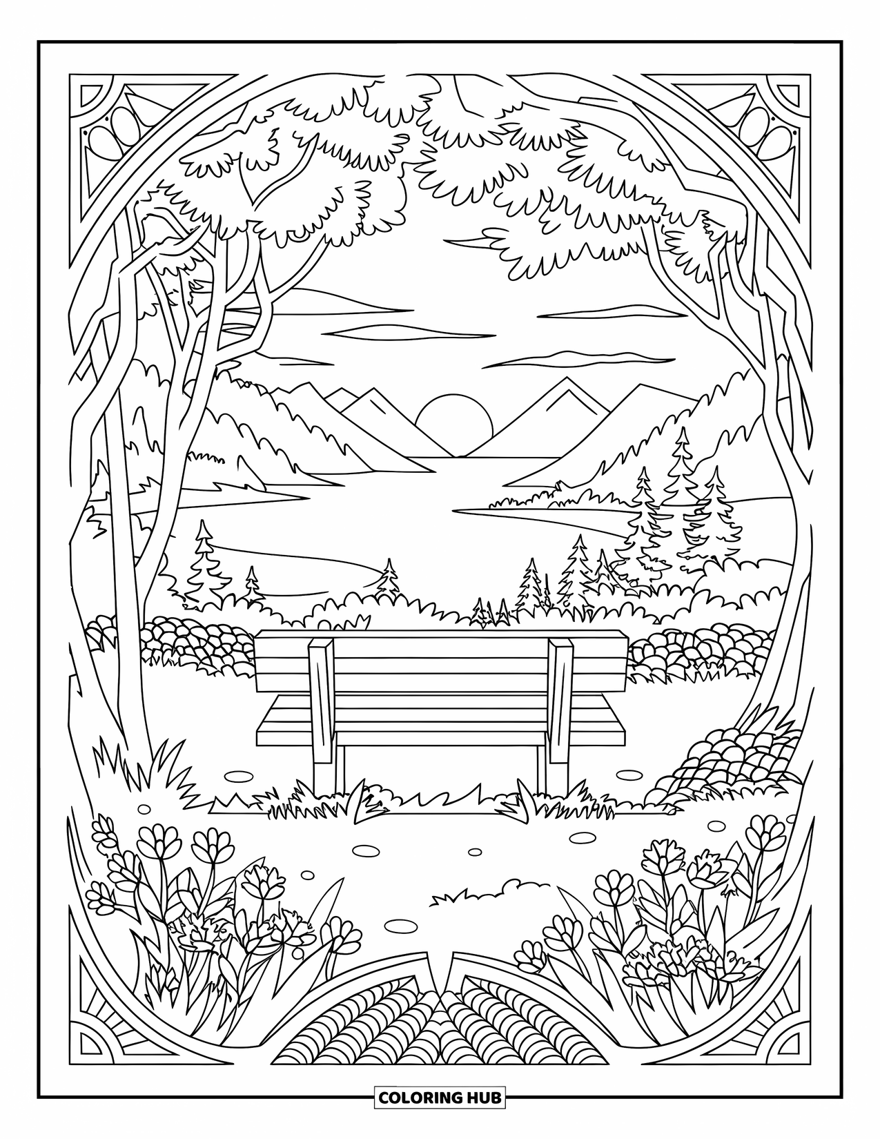 Desenho de pôr do sol para colorir para adultos: Montanhas e água se estendem além de uma vista de banco ao pôr do sol