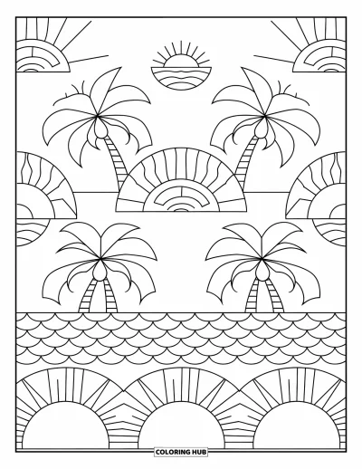 Coloriage de coucher de soleil pour adultes : Des palmiers et des demi-soleils se répètent dans un rythme tropical paisible