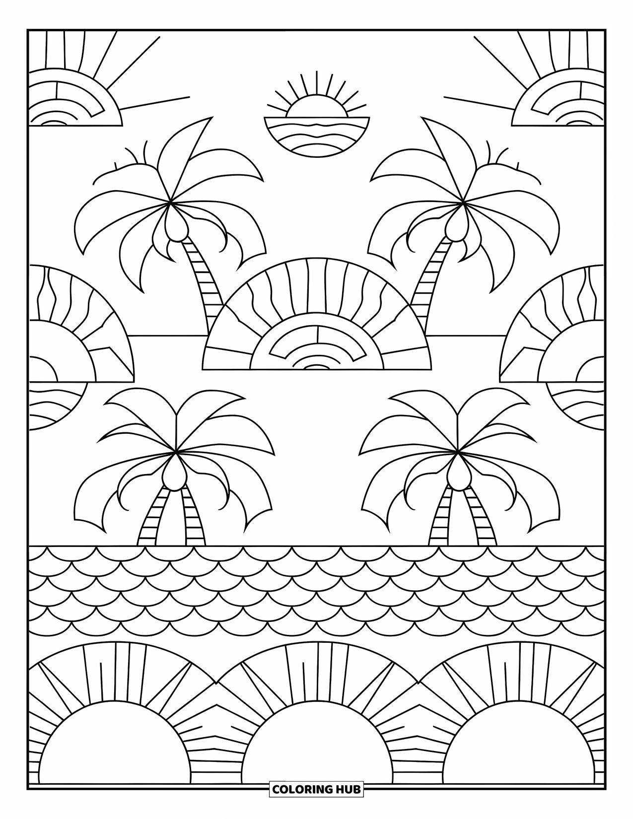 Desenho de pôr do sol para colorir para adultos: Palmeiras e meios-sóis se repetem em um ritmo tropical pacífico