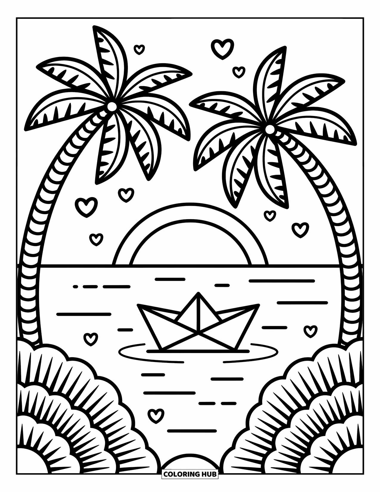 Desenho de pôr do sol para colorir para adultos: Palmeiras balançam ao lado de um pequeno barco de papel à deriva no mar do pôr do sol