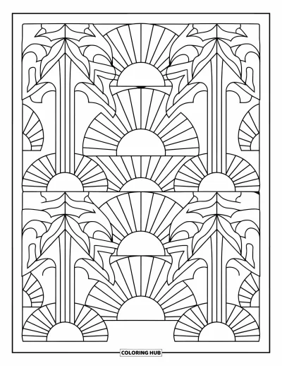 Coloriage de coucher de soleil pour adultes : Des palmiers stylisés et des demi-soleils forment un motif de coucher de soleil tropical