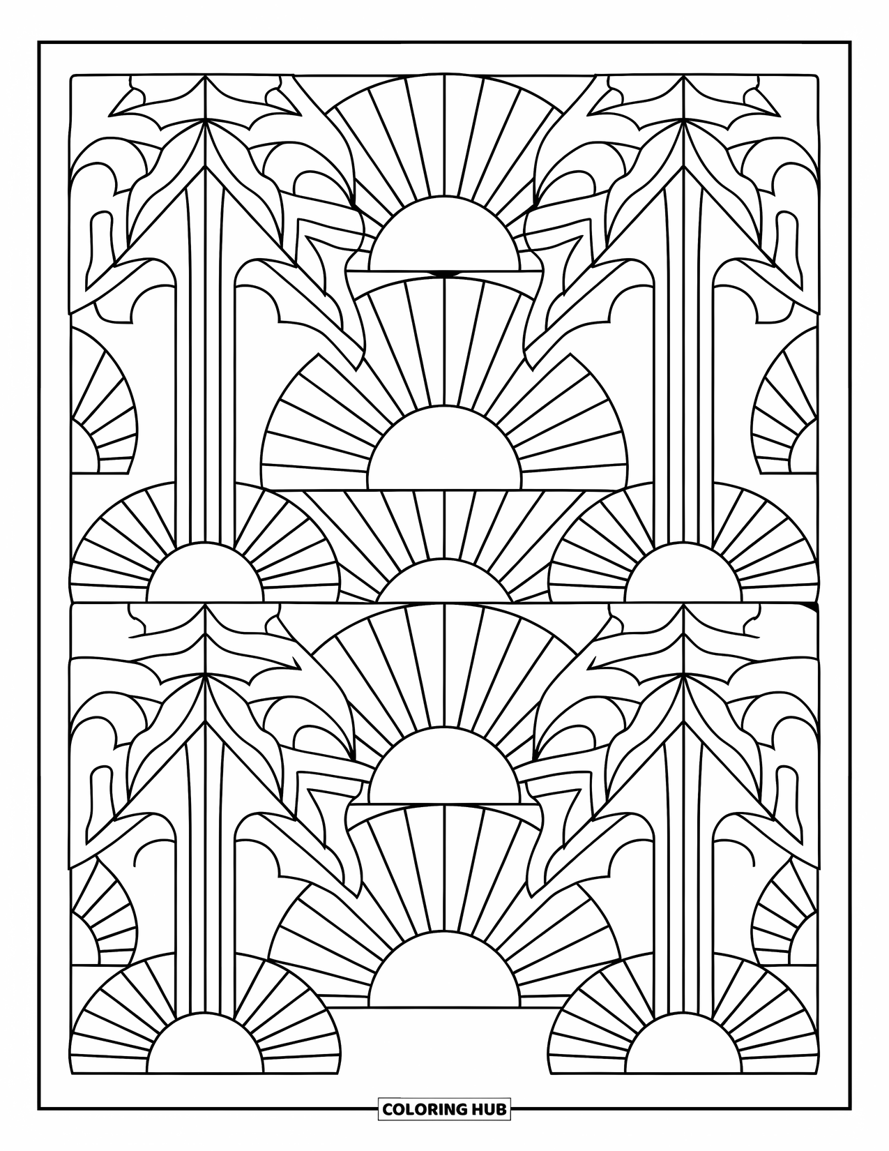 Desenho de pôr do sol para colorir para adultos: Palmeiras estilizadas e meios-sóis formam um design tropical de pôr do sol