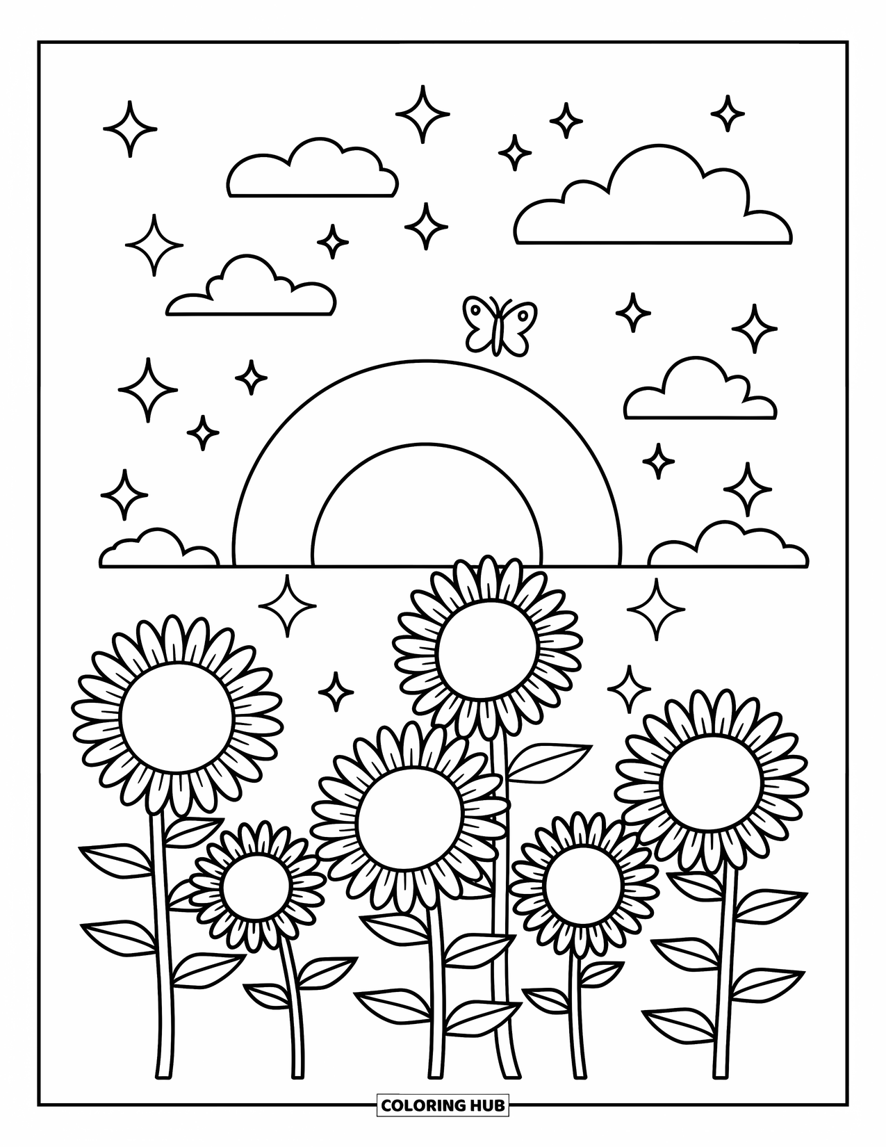 Desenho de pôr do sol para colorir para adultos: Girassóis se estendem em direção ao céu enquanto uma borboleta esvoaça acima