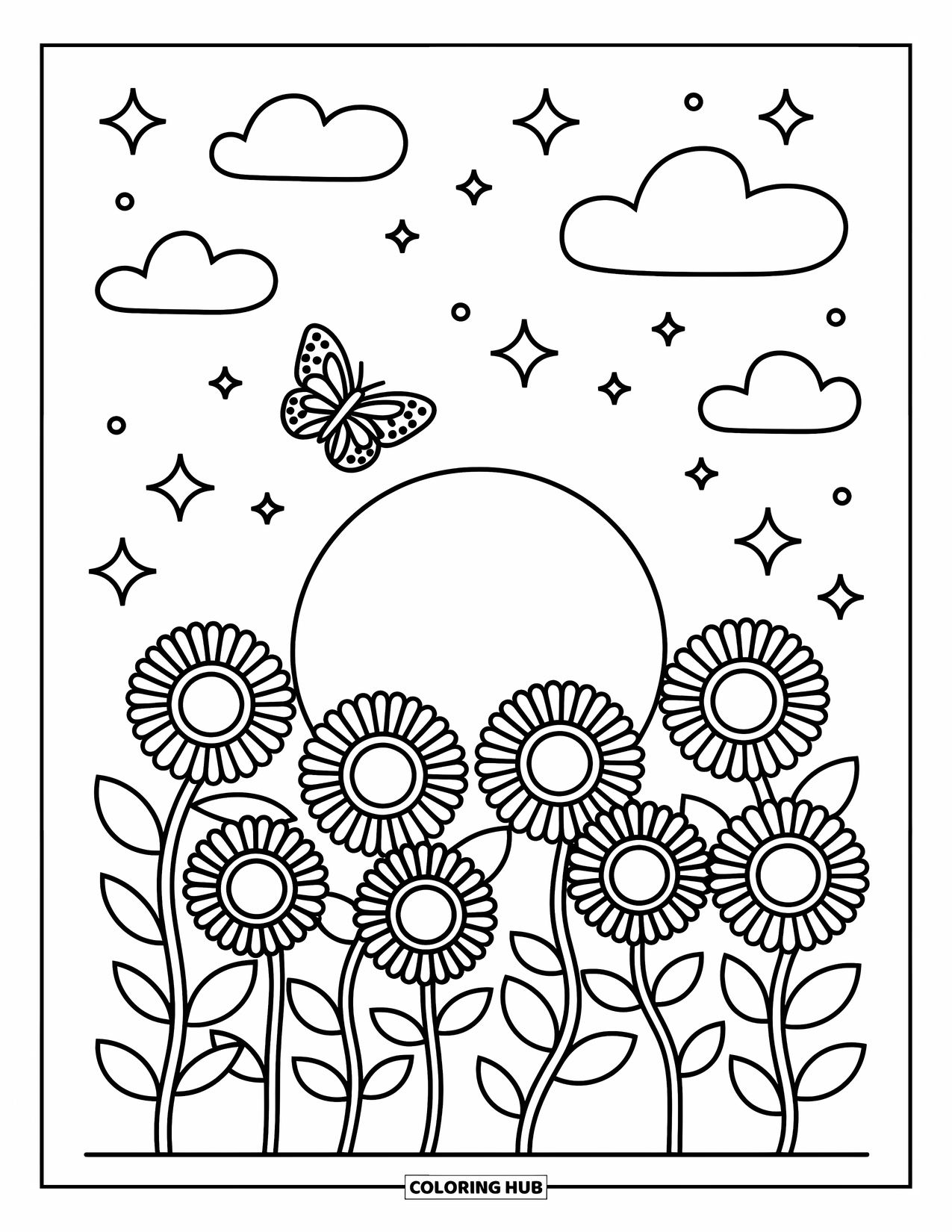 Desenho de pôr do sol para colorir para adultos: Girassóis se voltam para o pôr do sol enquanto uma borboleta flutua por perto