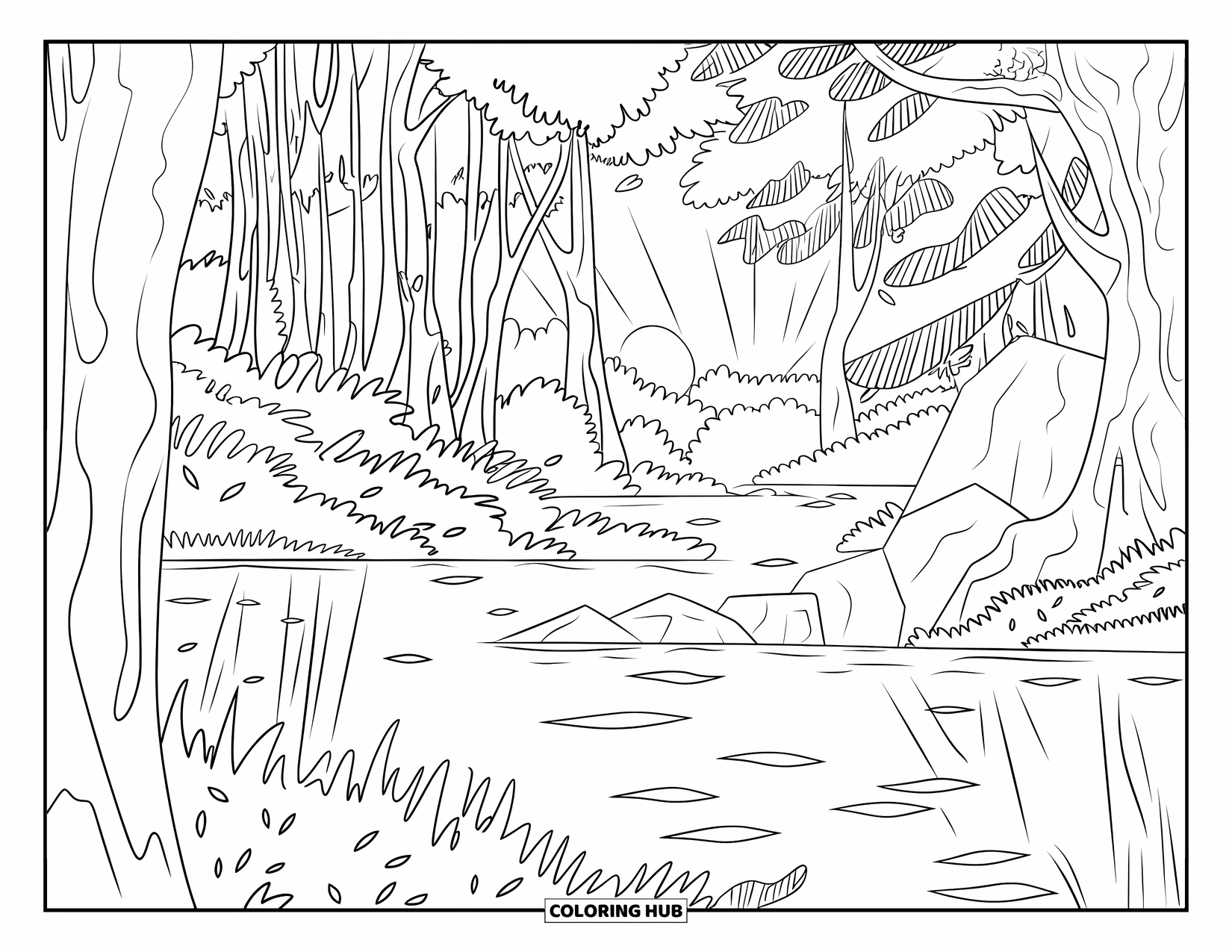 Desenho de pôr do sol para colorir para adultos: A luz do sol reflete em um lago cercado por árvores e folhas caídas