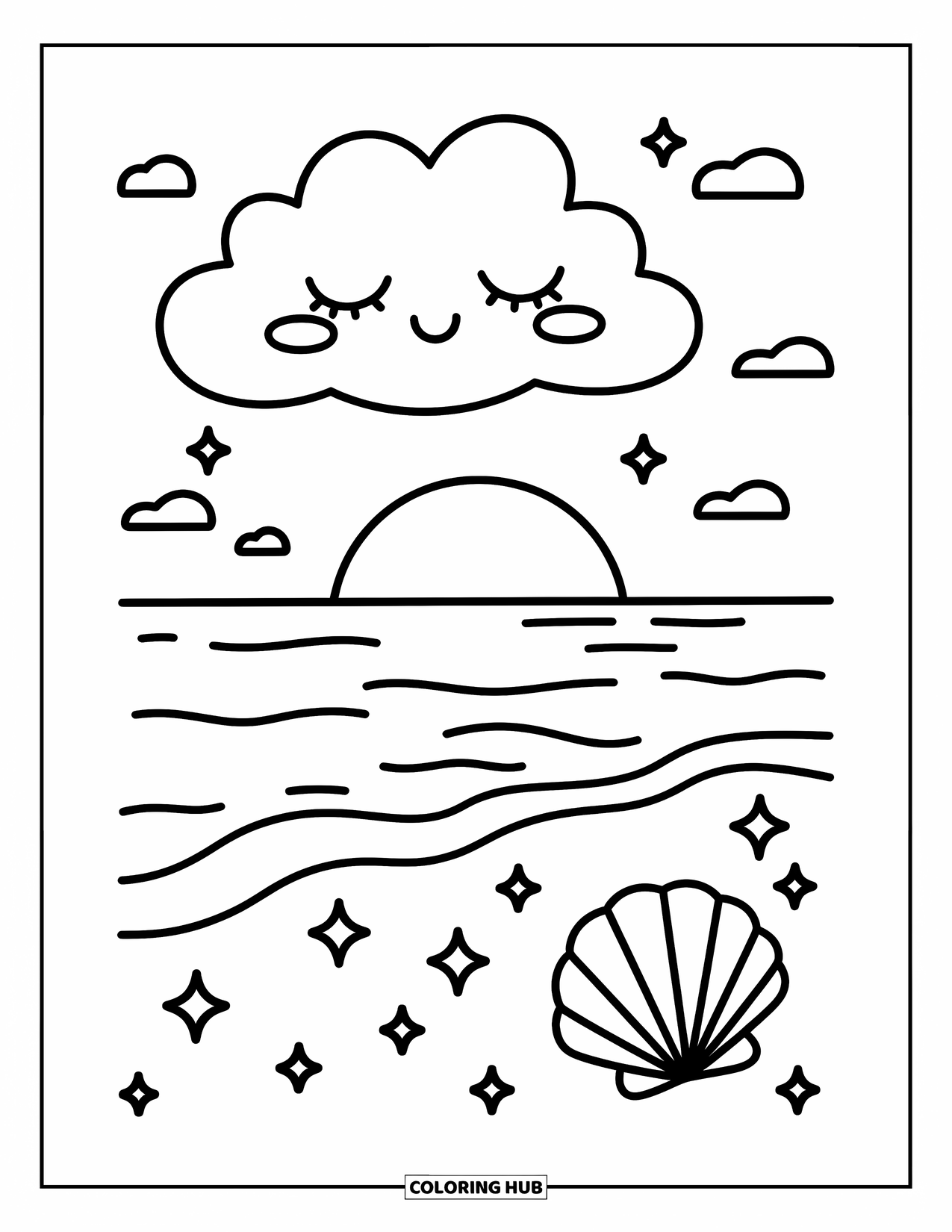 Desenho de pôr do sol para colorir para adultos: O sol se põe sobre águas calmas enquanto uma nuvem sonolenta observa de cima