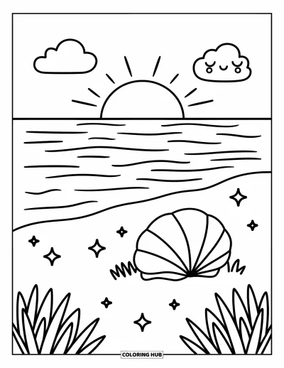 Coloriage de coucher de soleil pour adultes : Le soleil se couche sur de douces vagues tandis qu'un nuage endormi flotte au-dessus