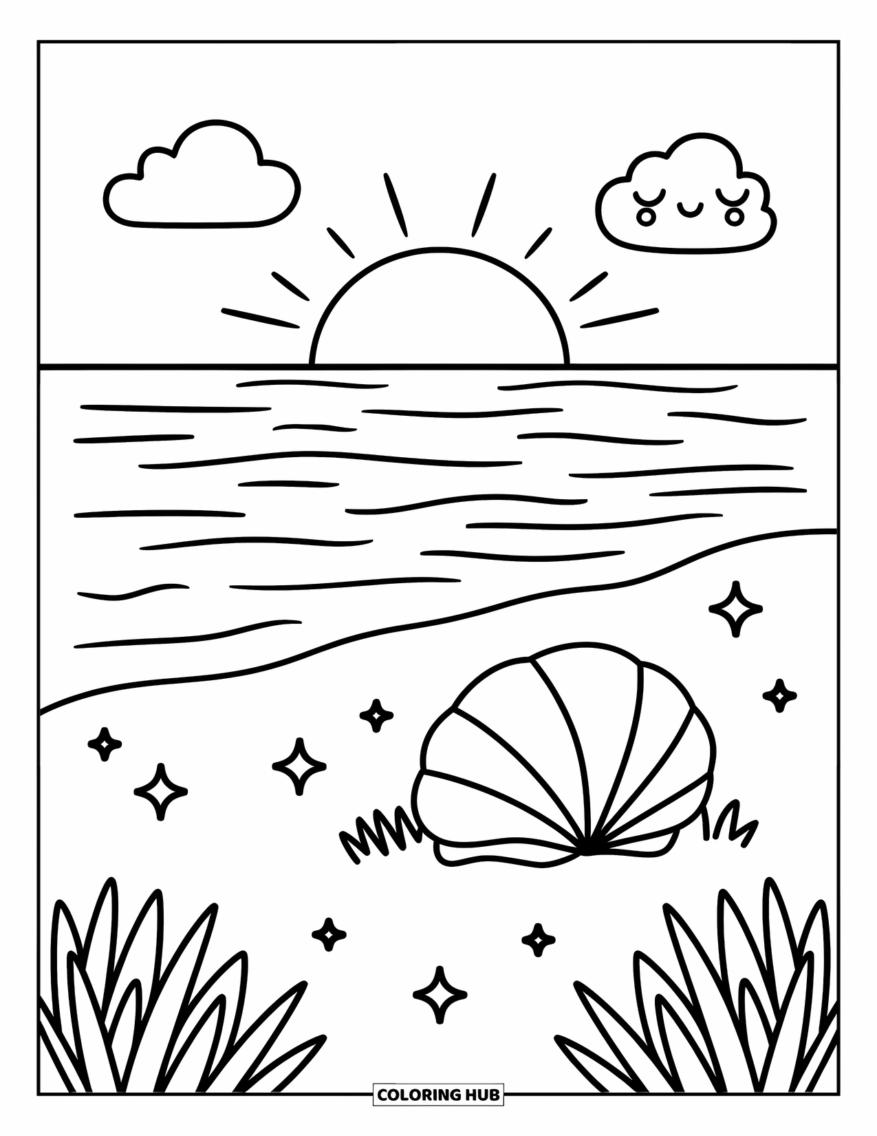 Desenho de pôr do sol para colorir para adultos: O sol se põe sobre ondas suaves enquanto uma nuvem sonolenta flutua acima