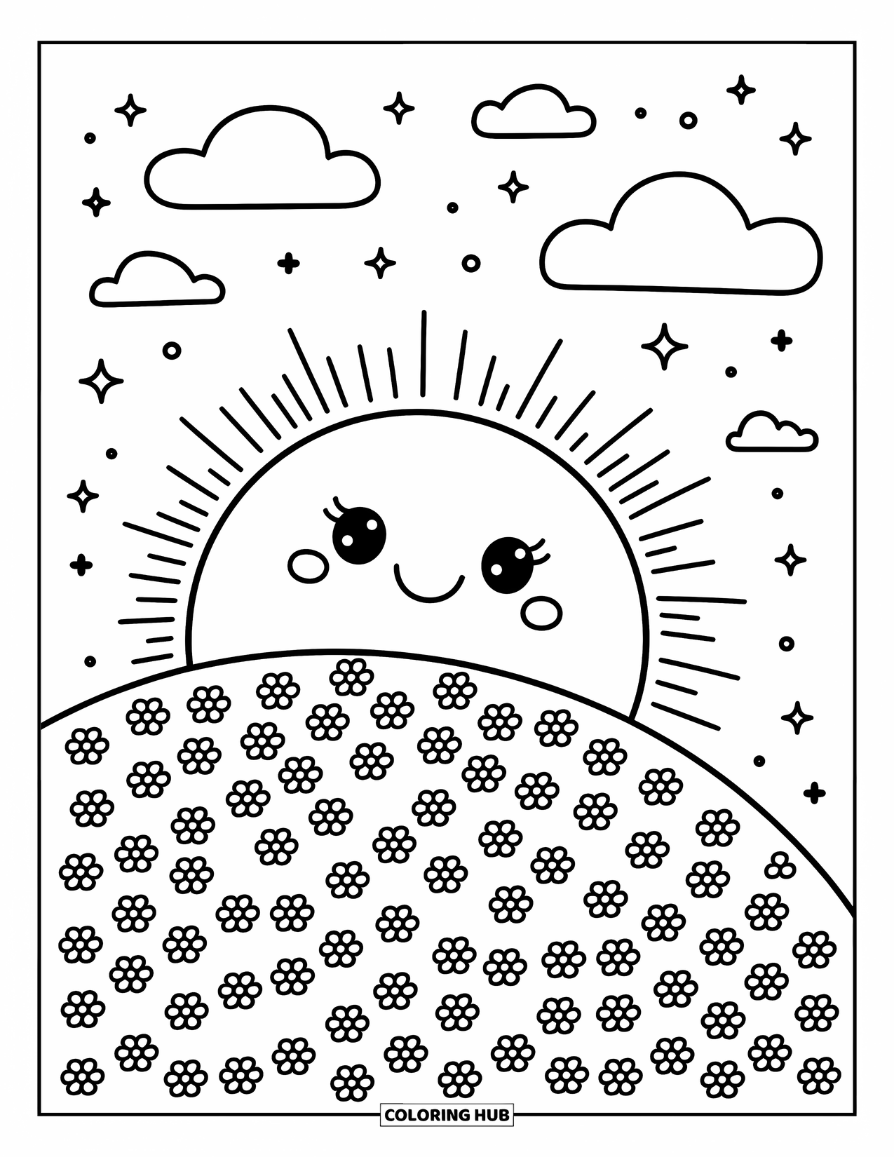Desenho de pôr do sol para colorir para adultos: O sol sorri acima de um campo de flores enquanto estrelas brilham no céu