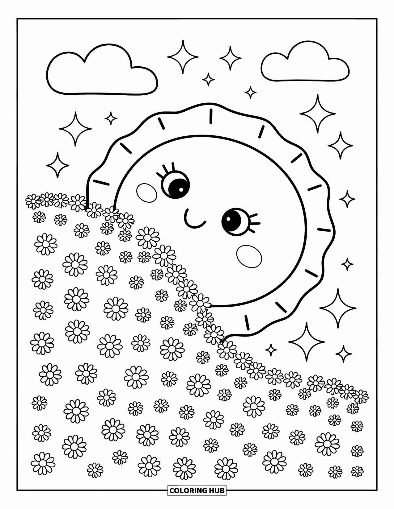 Desenho de pôr do sol para colorir para adultos: Estrelas cintilantes brilham enquanto um sol feliz mergulha atrás de uma colina coberta de flores