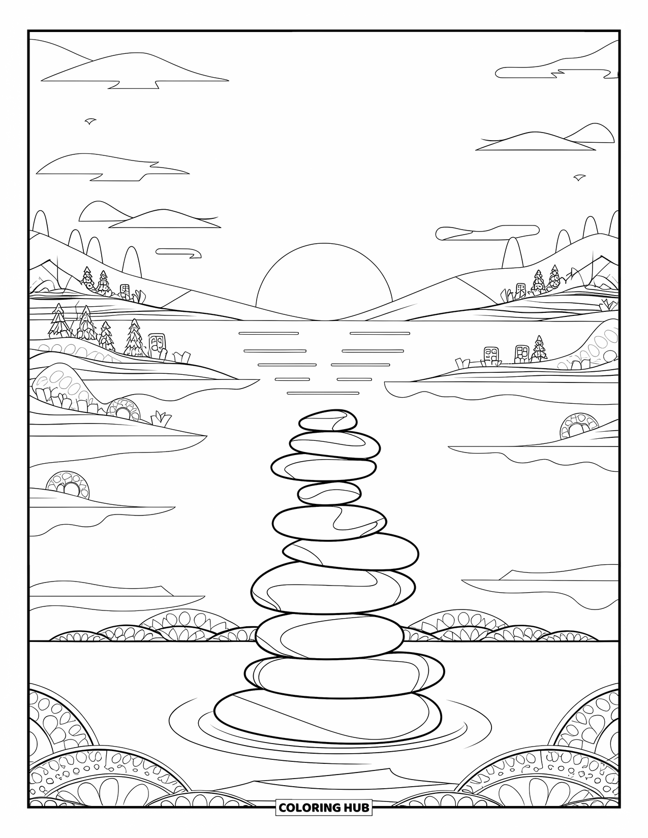 Desenho de pôr do sol para colorir para adultos: Pedras zen e ondas encontram uma vista da montanha sob um sol poente