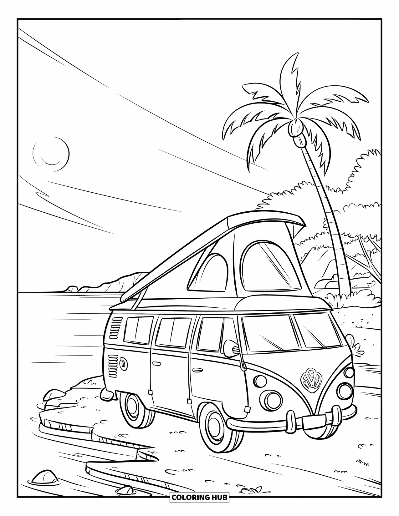 Desenho de pôr do sol para colorir para crianças: Uma van de campista à beira-mar aproveita a vista calma do sol poente