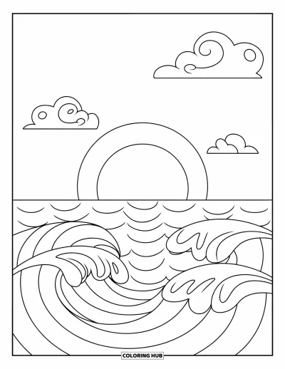 Coloriage de coucher de soleil pour enfants : Un grand soleil se couche sur l'océan avec de douces nuages qui flottent au-dessus