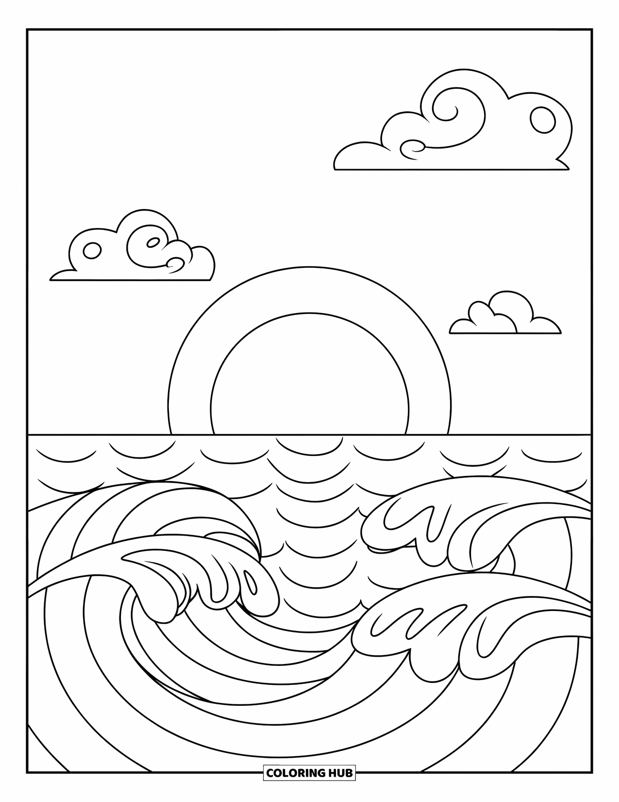 Desenho de pôr do sol para colorir para crianças: Um grande sol se põe sobre o oceano com nuvens suaves flutuando acima