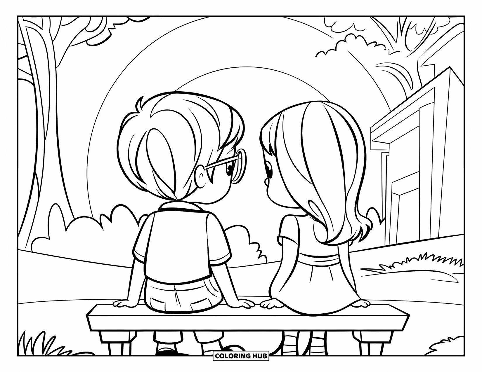 Desenho de pôr do sol para colorir para crianças: Um menino e uma menina sentam-se lado a lado em um banco, observando o pôr do sol