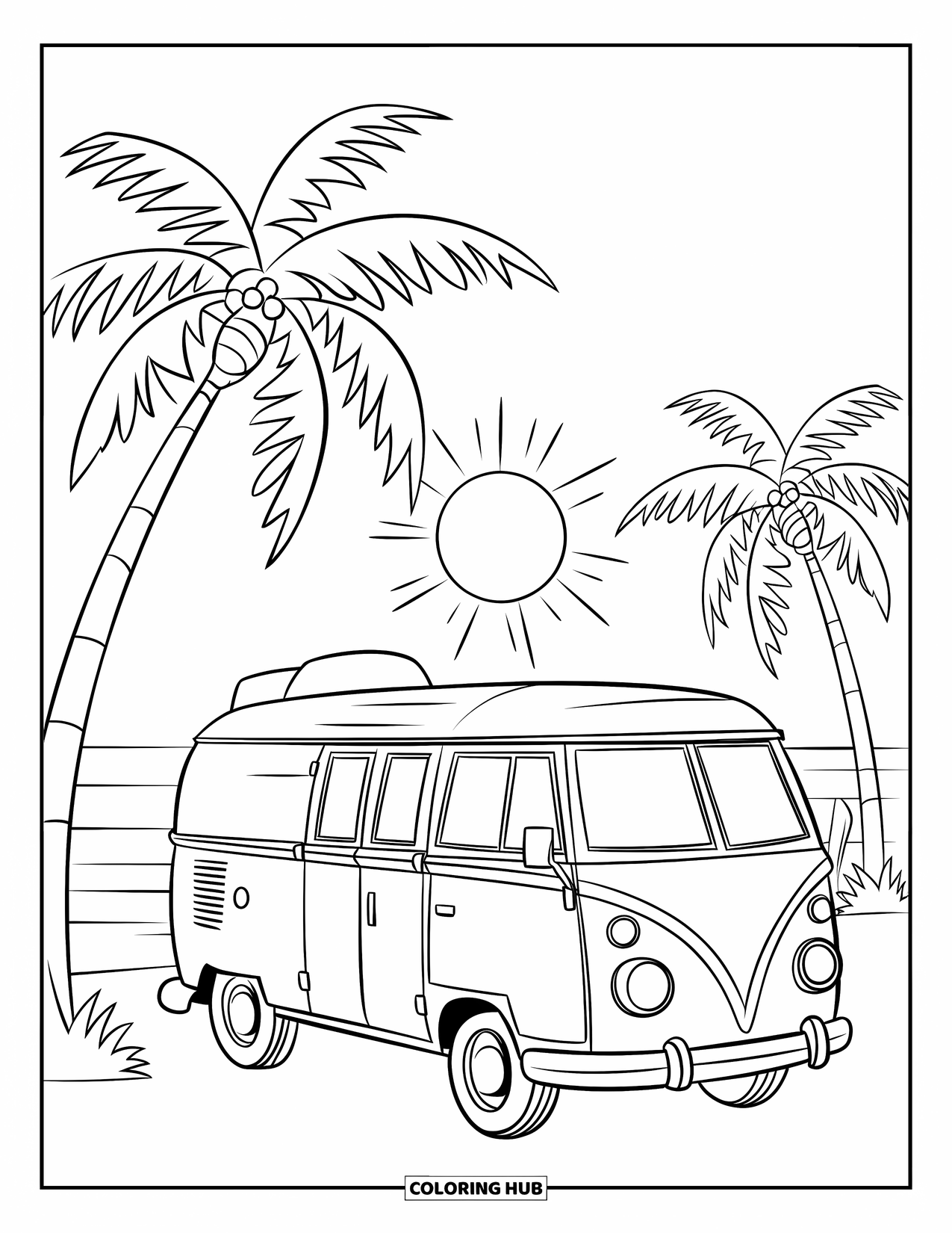 Desenho de pôr do sol para colorir para crianças: Uma van de campista à beira da praia descansa sob palmeiras e um céu de pôr do sol